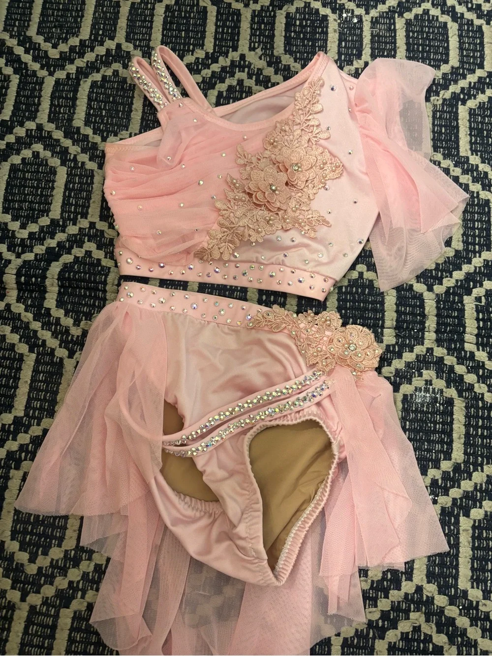 Girls Pink Dance Costume Set with Rhinestone & Floral Applique